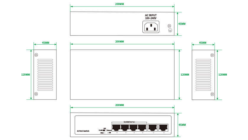 4-Port 10/100M AI PoE Switch With 2*10/100M Uplink RJ45 Ports Product Structure