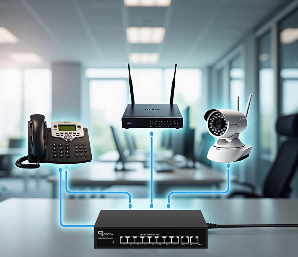 PoE Switch powering multiple devices for a Small Business